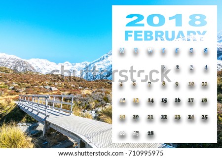 February 2018 calendar with beautiful landscape of New Zealand.