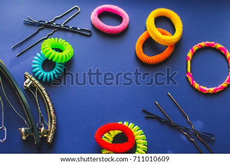 Accessories for hair, different colored rubber bands Bobby pins and hair