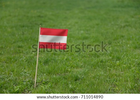 Austria flag, Austrian flag on a green grass lawn field background. National flag of Austria waving outdoor