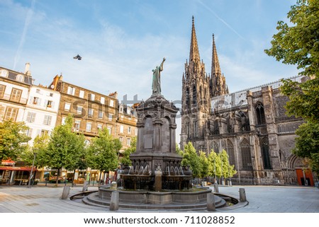 Morning view on the Victory square with monument and cathedral in Clermont-Ferrand city in France Royalty-Free Stock Photo #711028852