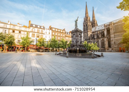 Morning view on the Victory square with monument and cathedral in Clermont-Ferrand city in France Royalty-Free Stock Photo #711028954