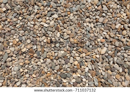 Gravel texture. Small stones, little rocks, pebbles in many shades of grey, white and brown colour. Background of small stones in an oval shape. Texture from little rocks from river or lake