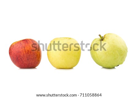 fruit traffic light concept. apple red. chinese pear yellow. guava green. isolated on white background.