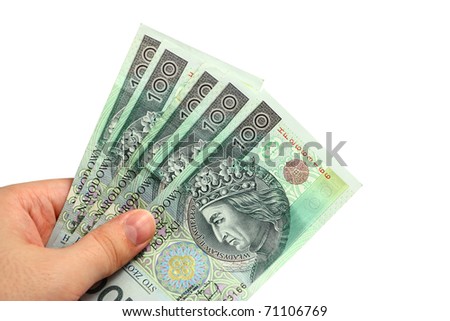 View of hand with several polish one hundred banknotes
