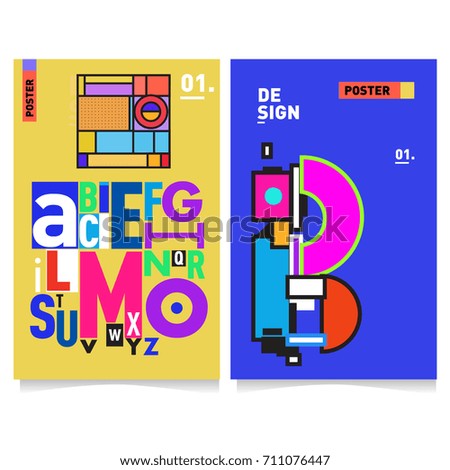 Vector covers design set with retro style. Cool geometric memphis style poster template with alphabets typography. Summer and autumn design template.