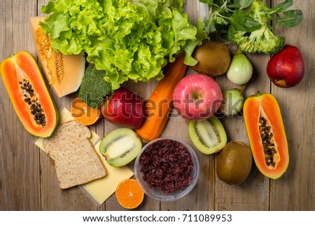 Fresh fruits and vegetables on  wooden table ,Healthy eating and diet concept.
