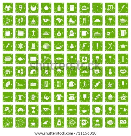 100 coffee icons set in grunge style green color isolated on white background vector illustration