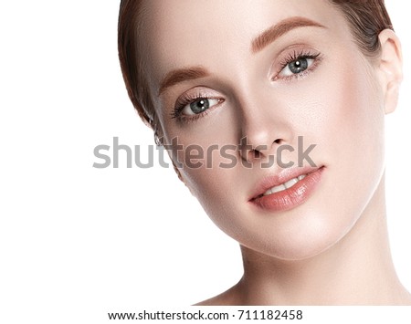 Beauty Woman face  with hand Portrait. Beautiful model Girl with Perfect Fresh Clean Skin color lips purple red. Blonde brunette short hair Youth and Skin Care Concept. Isolated on a white background