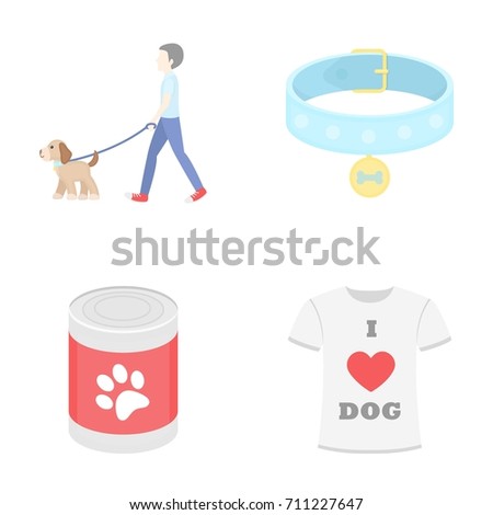 A man walks with a dog, a collar with a medal, food, a T-shirt I love dog.Dog set collection icons in cartoon style vector symbol stock illustration web.