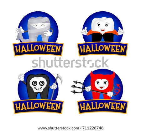 Funny cartoon tooth characters set. Dracula, skull devil, mummy and devil. Happy Halloween concept. Illustration isolated on white background.