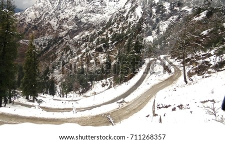 mountain zig zag circular snow filled road top view
