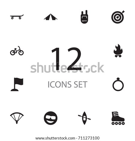 Set Of 12 Hobby Icons Set.Collection Of Canoe, Bicycle, Dart And Other Elements.