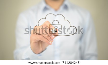 Online Cloud Security,  Man writing on transparent screen