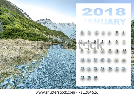 January 2018 calendar with beautiful landscape of New Zealand.