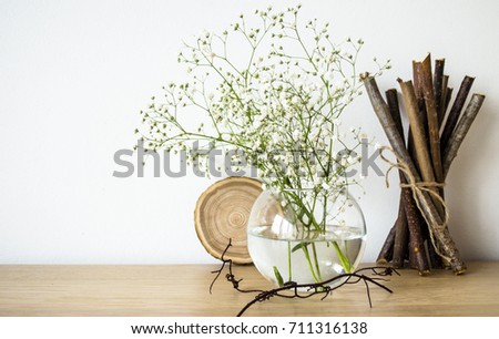 Romantic stylish interior still life with flowers and accessories on a white background in a rustic style. Creative layout on the table. Mock up.
