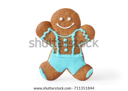 Homemade gingerbread man. Picture for a menu or a confectionery catalog. Invitation or greeting card. Isolated. Boy.