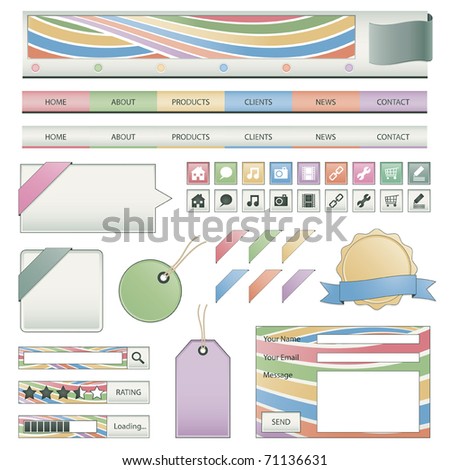 web buttons, navigation bar, icons and ribbons isolated on white