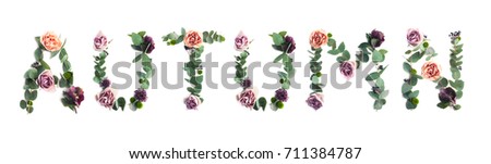 Word Autumn made from the leaves and rose flowers on the white background. Modern photo inscription.