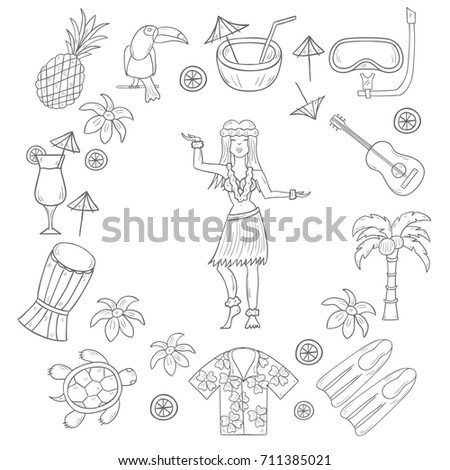  illustration with cartoon hand drawn hawaii icons. Tropical island summer travel. Beach life, relaxation, palm, Hawaii tourism.  hand drawn cartoon vacation icons