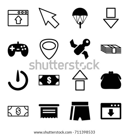 App icons set. set of 16 app filled and outline icons such as stopwatch camera, satellite, guitar mediator, joystick, parachute, money, document, purse, pointer