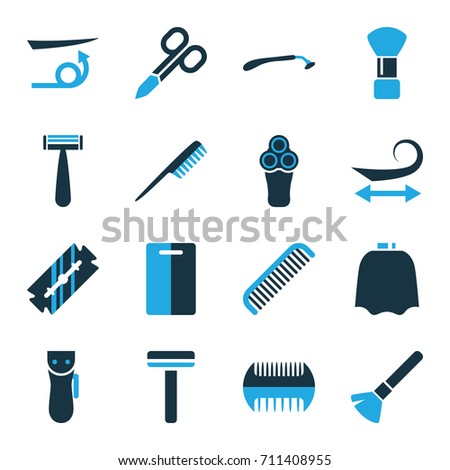 Cut icons set. set of 16 cut bi-color icons such as comb, razor, electric razor, manicure scissors, shaving brush, hairdresser peignoir, curly hair, straight hair