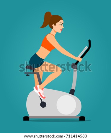 Young woman doing indoor biking exercise isolated. Vector flat illustration