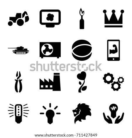 Power icons set. set of 16 power filled icons such as lion, factory, crown, excavator, pliers, heart flower, atom, air conditioner, muscular arm  on phone, gear, tank