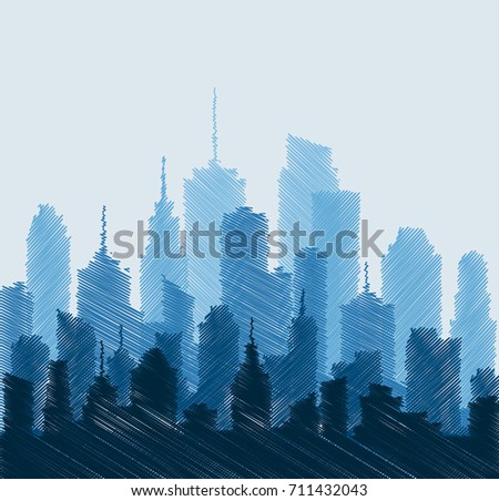 hand drawn city skylines, blue color cityscape background, editable and layered