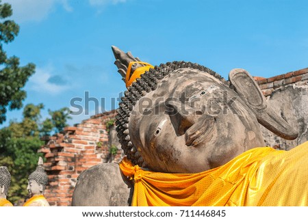 Beautiful ancient reclining Buddha in Ayutthaya.putthaisawan temple.