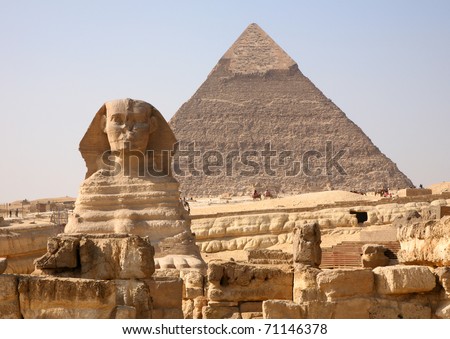 The Sphinx and the great Pyramid at Giza in Egypt. Royalty-Free Stock Photo #71146378