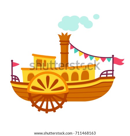 Bright cartoon retro steamboat with side paddle wheel. Old vintage ship vector illustration.