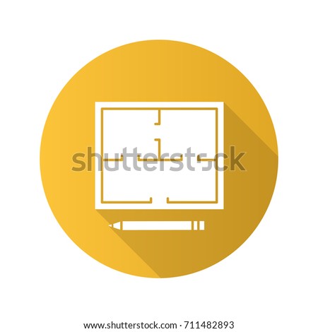 Floor plan flat design long shadow glyph icon. Flat blueprint with pencil. Apartment layout. House engineering. Raster silhouette illustration