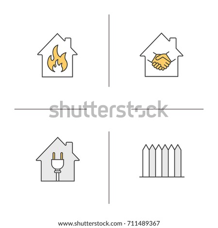 Real estate color icons set. Houses with plug and fire inside, fence, real estate deal. Isolated raster illustrations
