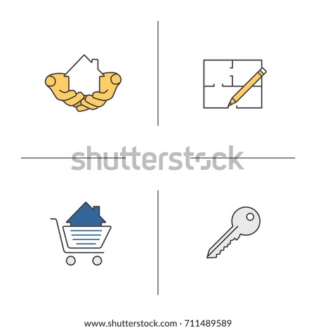 Real estate market color icons set. House in hands, floor plan, key, shopping cart with building inside. Isolated raster illustrations