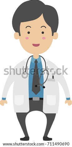 Smiling doctor in a gown with stethoscope, full body, cartoonist flat design