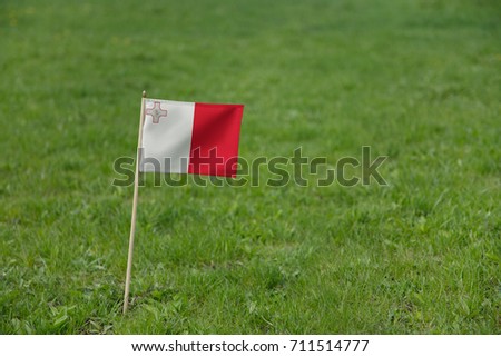 Malta flag, Maltese flag on a green grass lawn field background. National flag of Malta waving outdoor