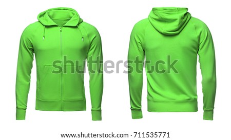 Blank green male hoodie sweatshirt  with clipping path, mens pullover for your design mockup and template for print, isolated white background. Royalty-Free Stock Photo #711535771