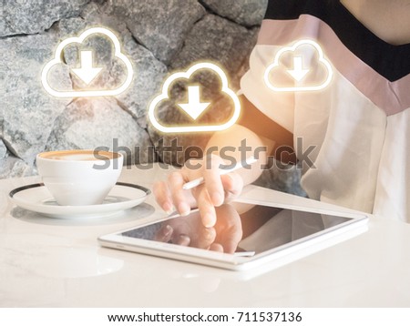 Woman play mobile,tablet  App Development Concept with Doodle design style mobile elements. mobile or tablet with cloud computing with blue background .