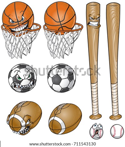Vector cartoon clip art illustration set of a soccer ball, football, baseball and bat, and basketball and net, each one with and without a face. 