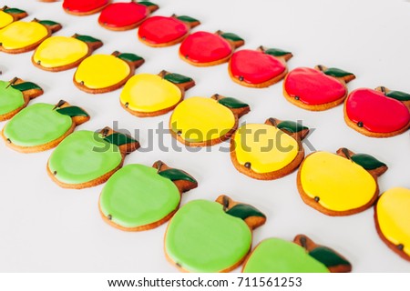 Delicious gingerbread in the form of multi-colored apples. Cooking. Bakery products. toning