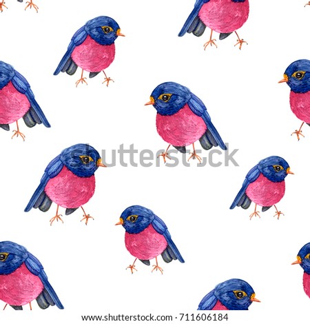 Pattern of blue and pink birds of sparrows on white background