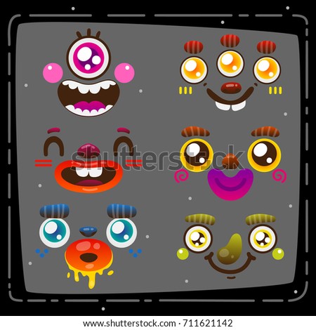 Set of cartoon monster faces, eyes, nose, lips, mouths with teeth, vector, set, collection, pack.