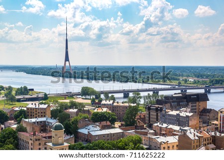 Panoramic aerial view of Riga and TV tower in a beautiful summer day, Latvia