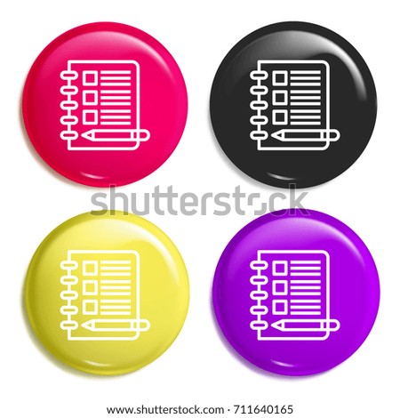Note multi color glossy badge icon set. Realistic shiny badge icon or logo mockup