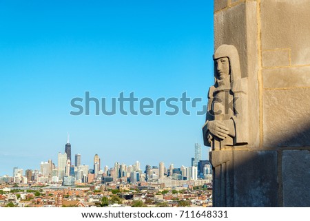 View of downtown Chicago with art deco style architecture in the foreground
