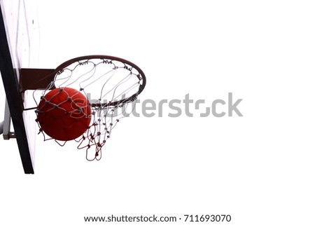 Basketball on iron loop and net. Basketball on isolated background. 