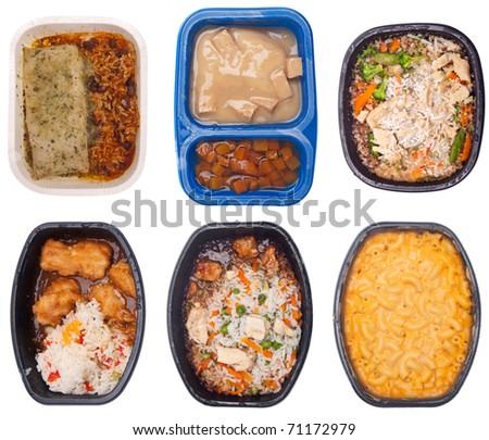 Collection of Six TV Dinners Isolated on White. Royalty-Free Stock Photo #71172979