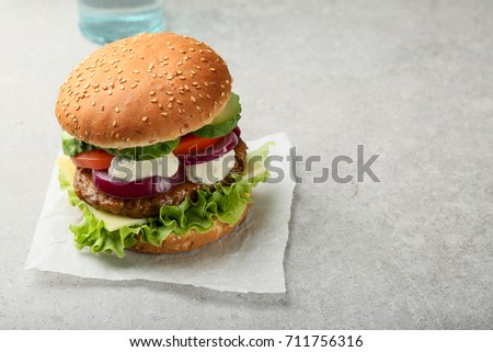 Delicious burger with vegetables, copy-space