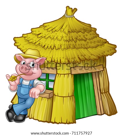 A cartoon illustration from the three little pigs childrens fairy tale, pig character with his straw house.