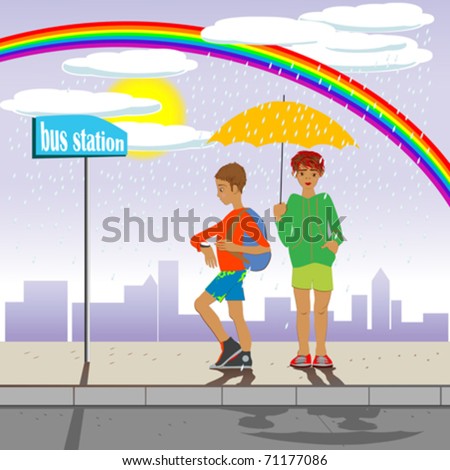 two children in the rain waiting the bus under the rainbow